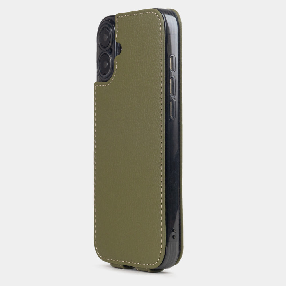 green Calfskin leather Flip Case iPhone 16 Plus - view from camera side and how the lenses are efficiently protected