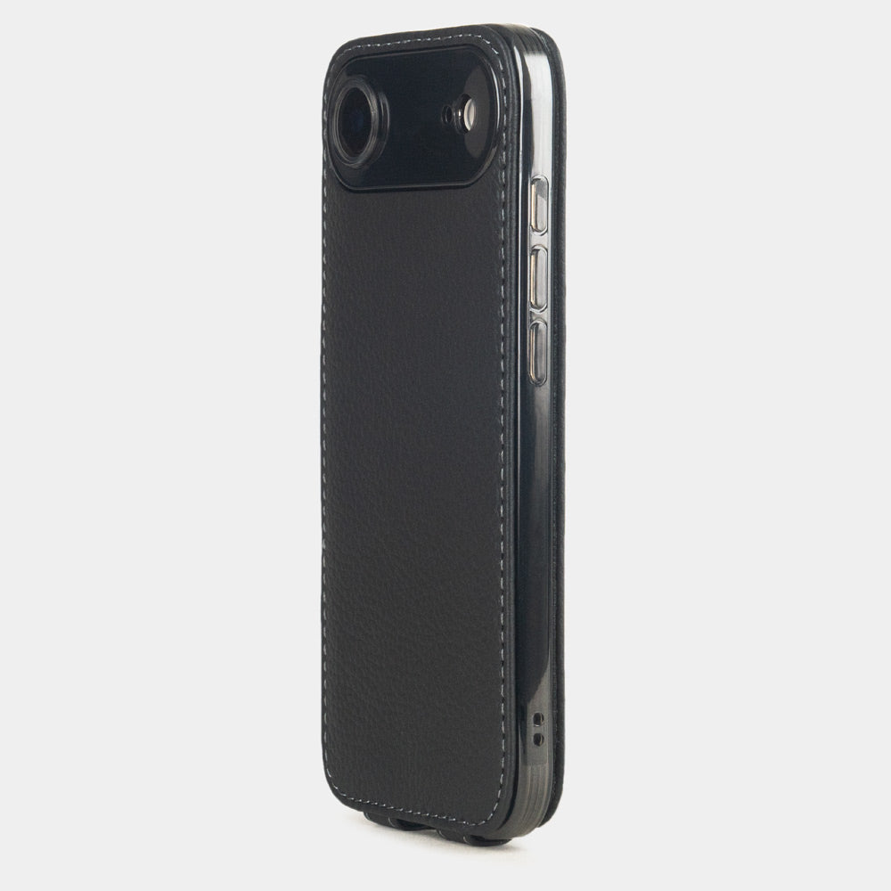 black leather case iPhone 17 Air - view from camera side and how the lenses are efficiently protected