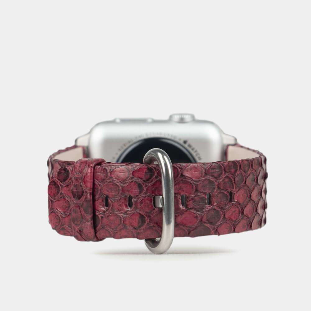 Strap for the Apple Watch 41/42 mm in bordeaux python leather, with steel adapters and buckle | main view