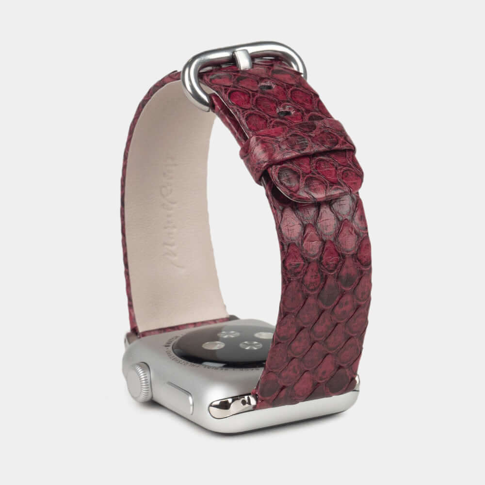 Strap for the Apple Watch 41/42 mm in bordeaux python leather, with steel adapters and buckle | full profile view to see the thickness of the strap