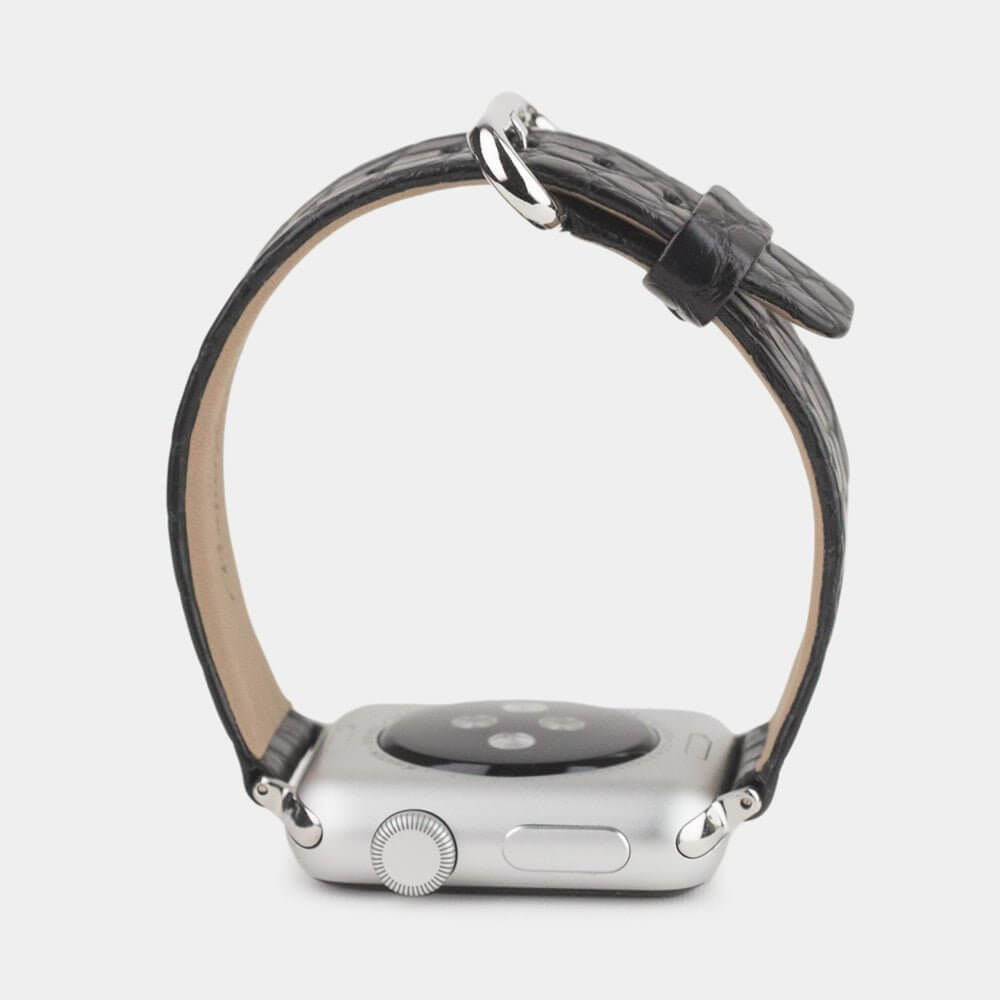 Strap for the Apple Watch 45/46 mm in black matte alligator leather, with steel adapters and buckle | 3/4 profile view to see the inner lining leather