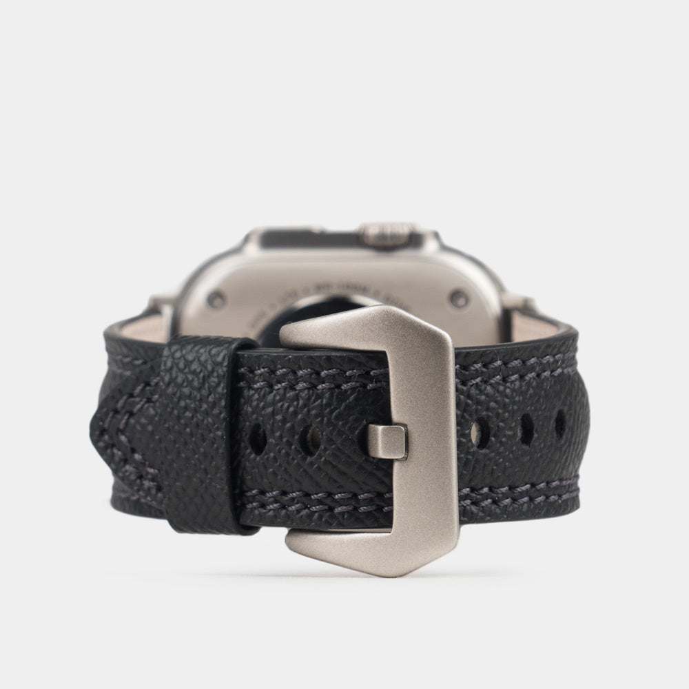 Men's Apple Watch Ultra band 49mm in black Epsom calfskin - rear view, titanium pin buckle and adjustment holes