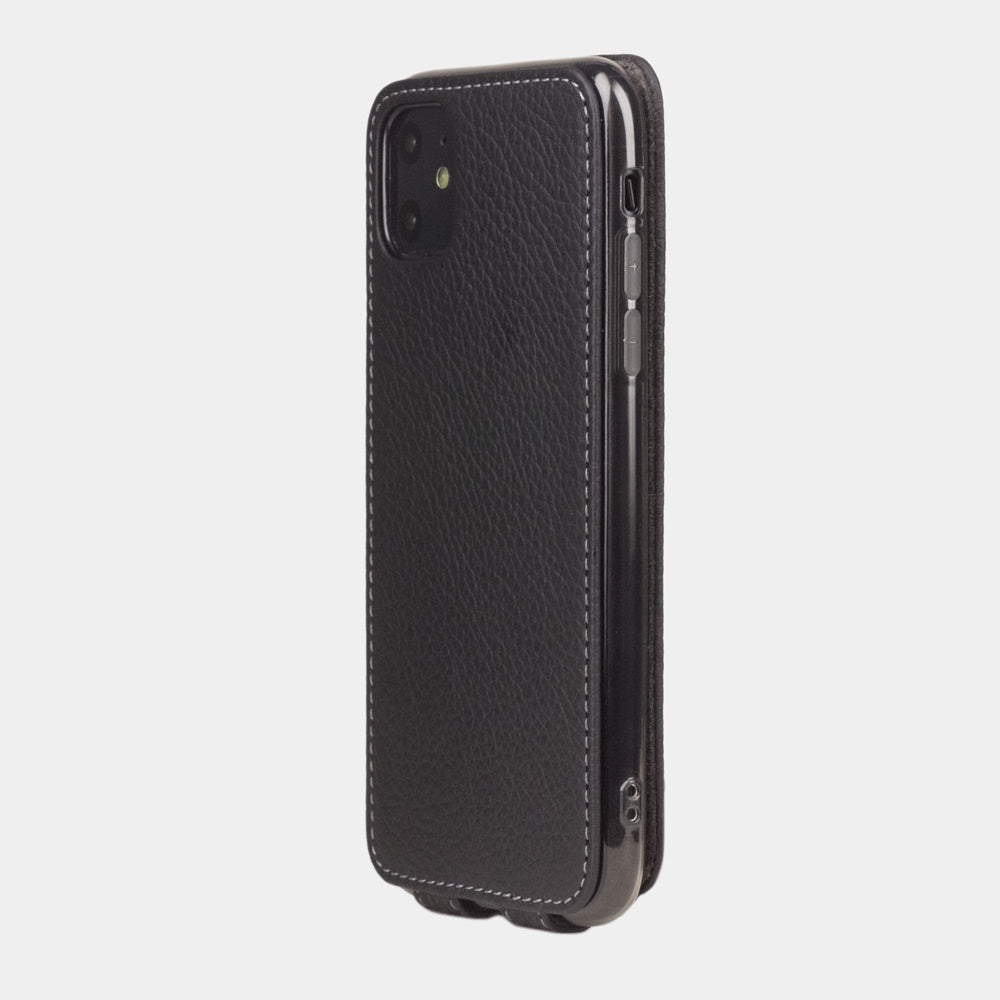 Matte Black calfskin leather flip case iPhone 11, Marcel Robert handmade magnetic folding cover