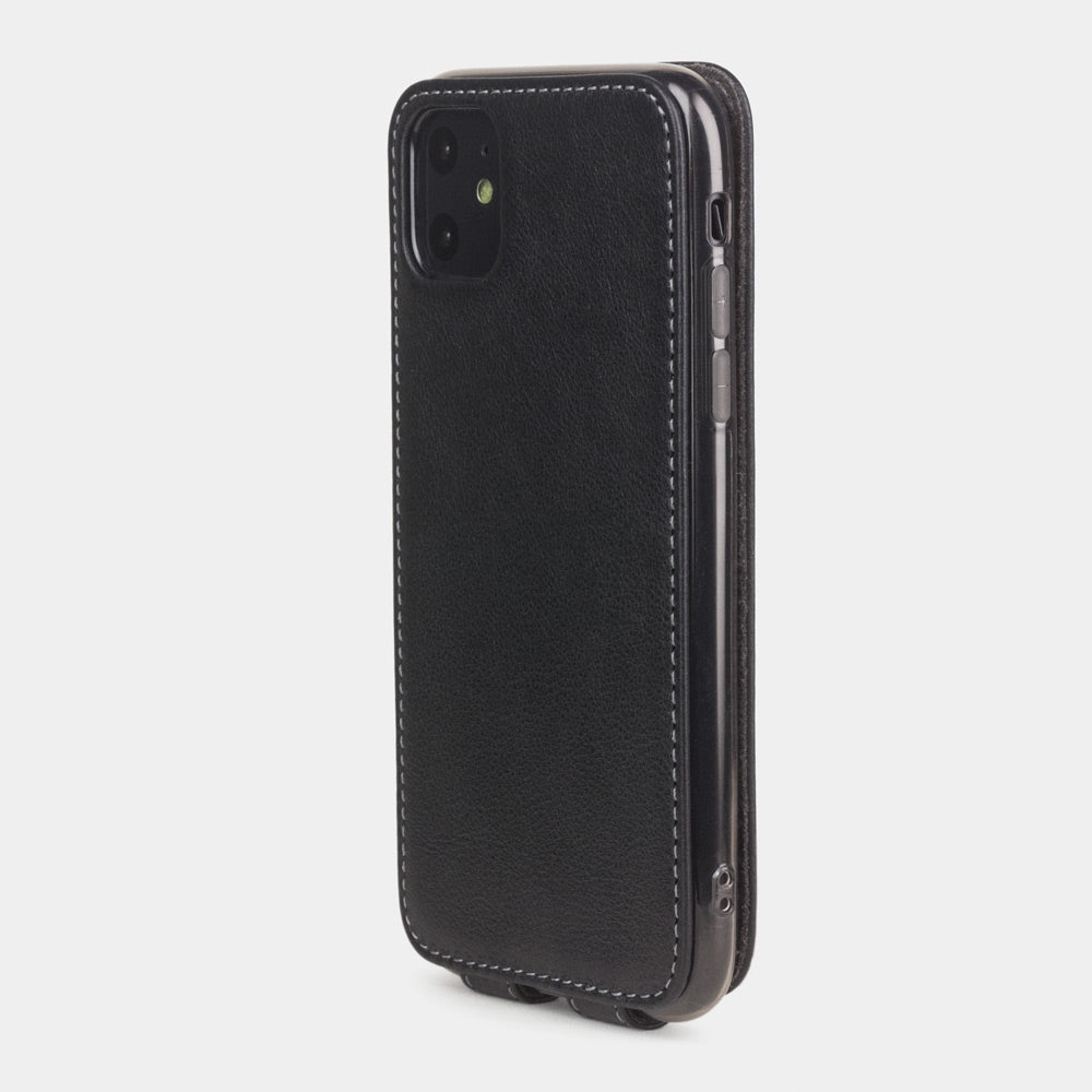 Black calfskin leather flip case iPhone 11, Marcel Robert handmade magnetic folding cover