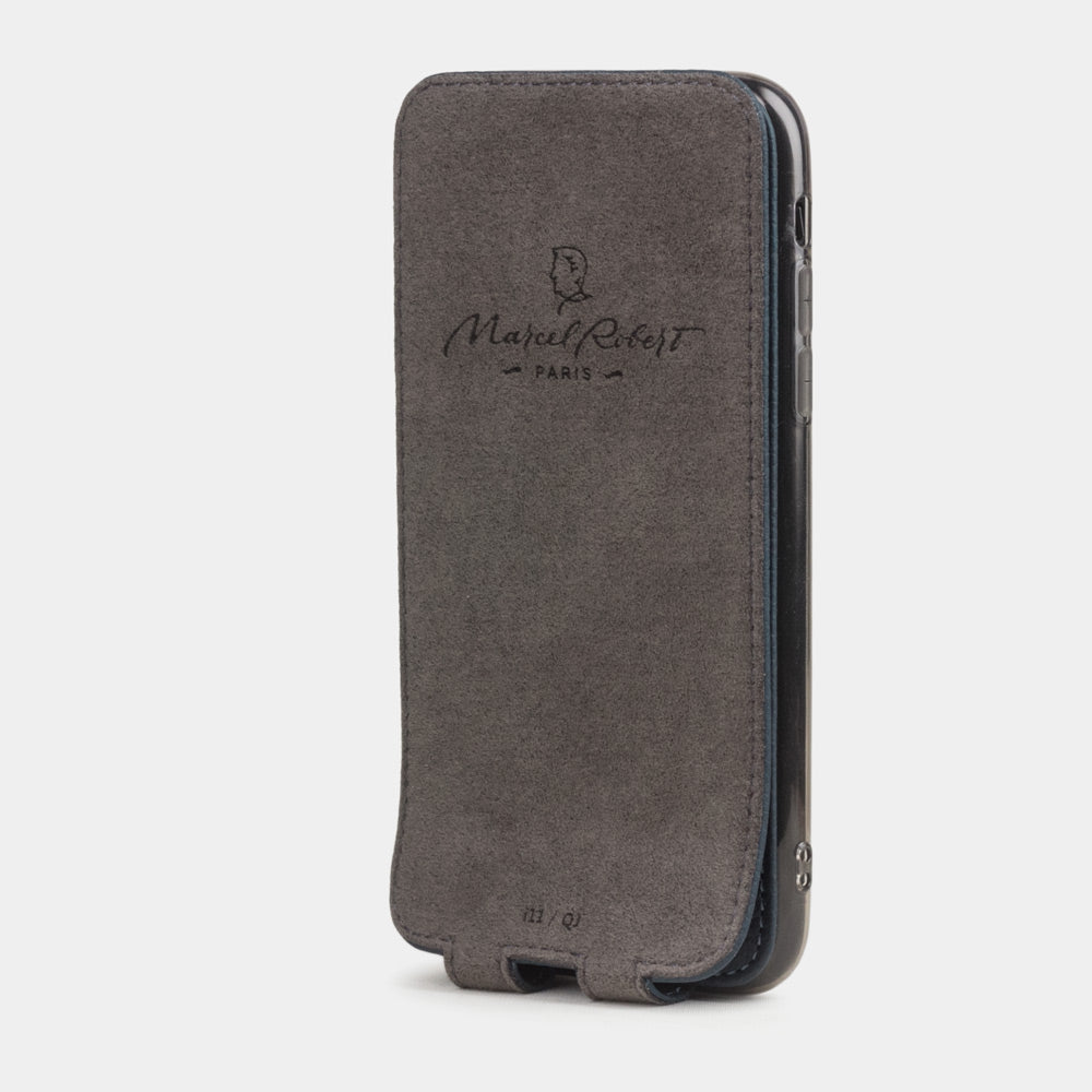 Blue calfskin leather flip case iPhone 11, Marcel Robert handmade magnetic folding cover