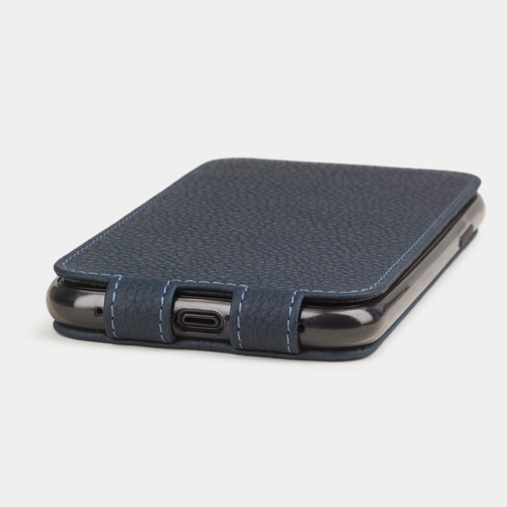 Blue calfskin leather flip case iPhone 11, Marcel Robert handmade magnetic folding cover