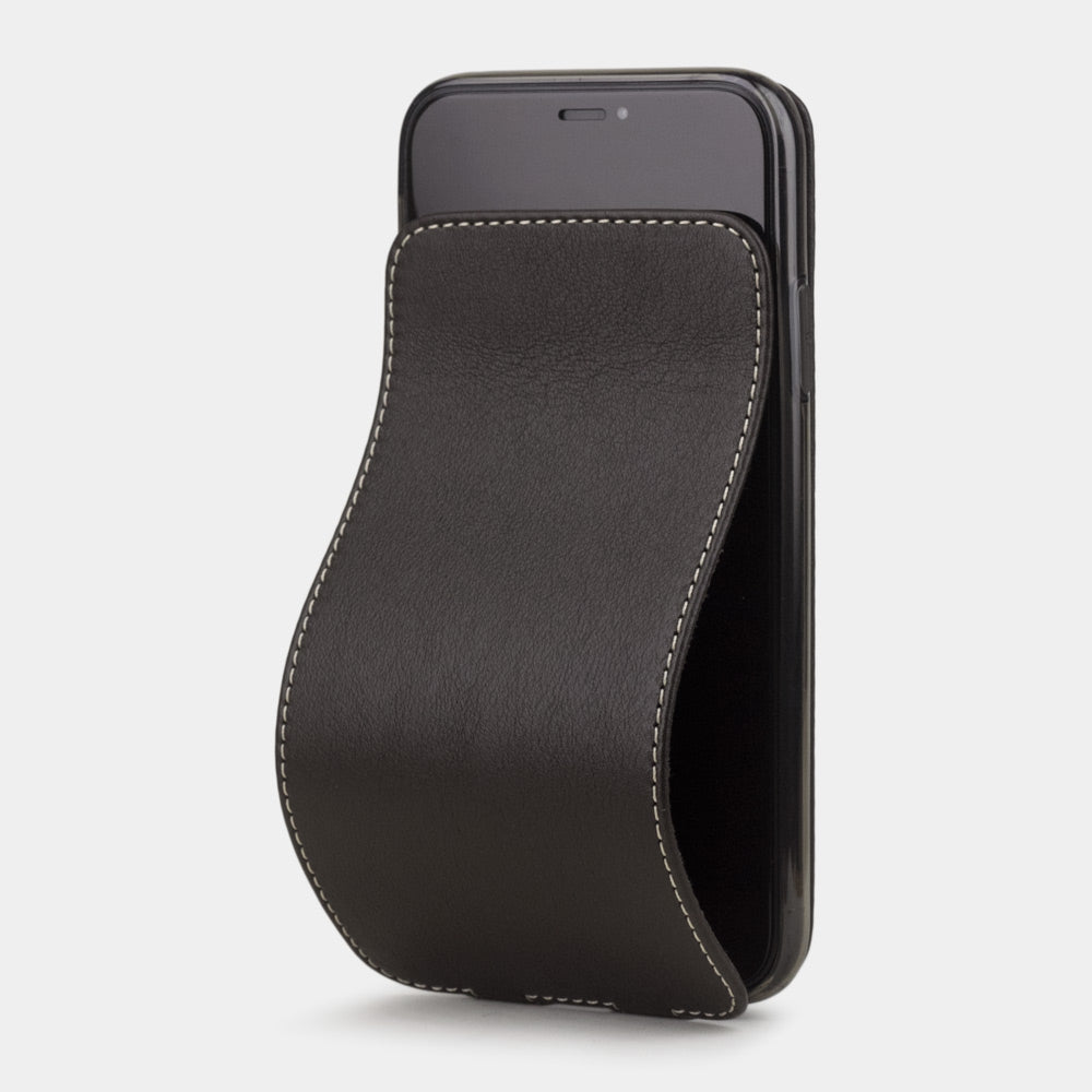 Brown calfskin leather flip case iPhone 11, Marcel Robert handmade magnetic folding cover