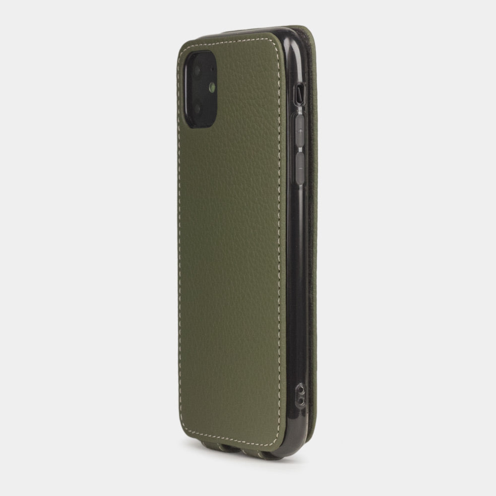 Green calfskin leather flip case iPhone 11, Marcel Robert handmade magnetic folding cover