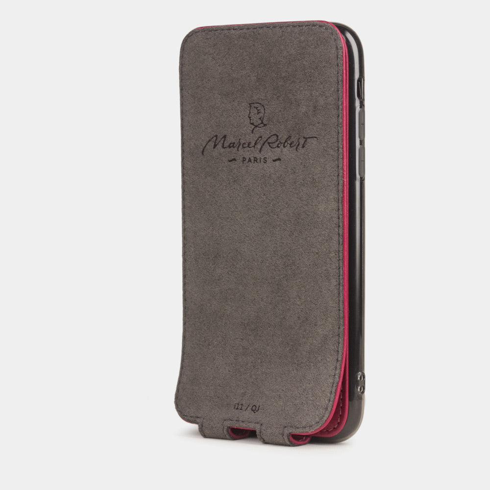 Fuchsia calfskin leather flip case iPhone 11, Marcel Robert handmade magnetic folding cover
