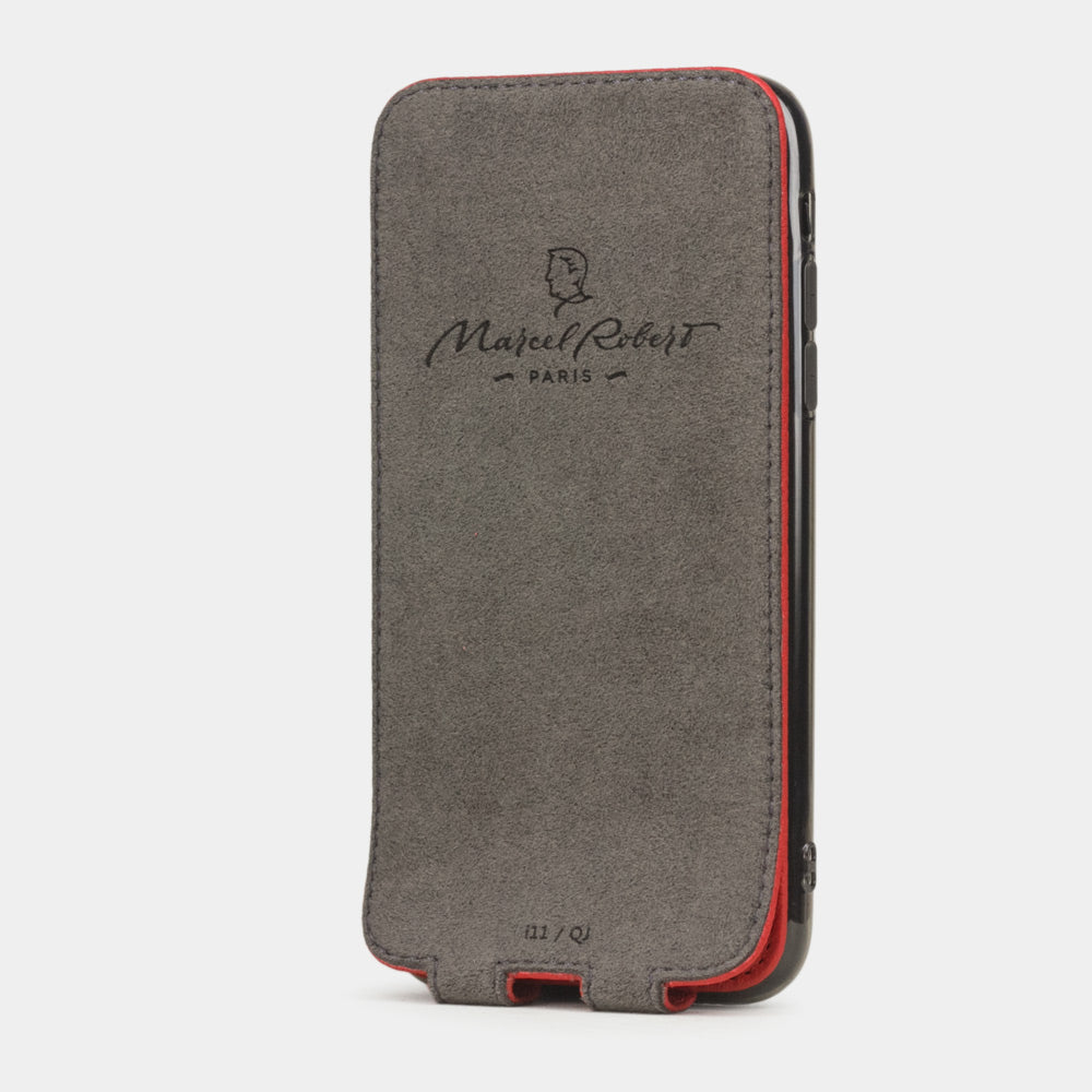 Red calfskin leather flip case iPhone 11, Marcel Robert handmade magnetic folding cover