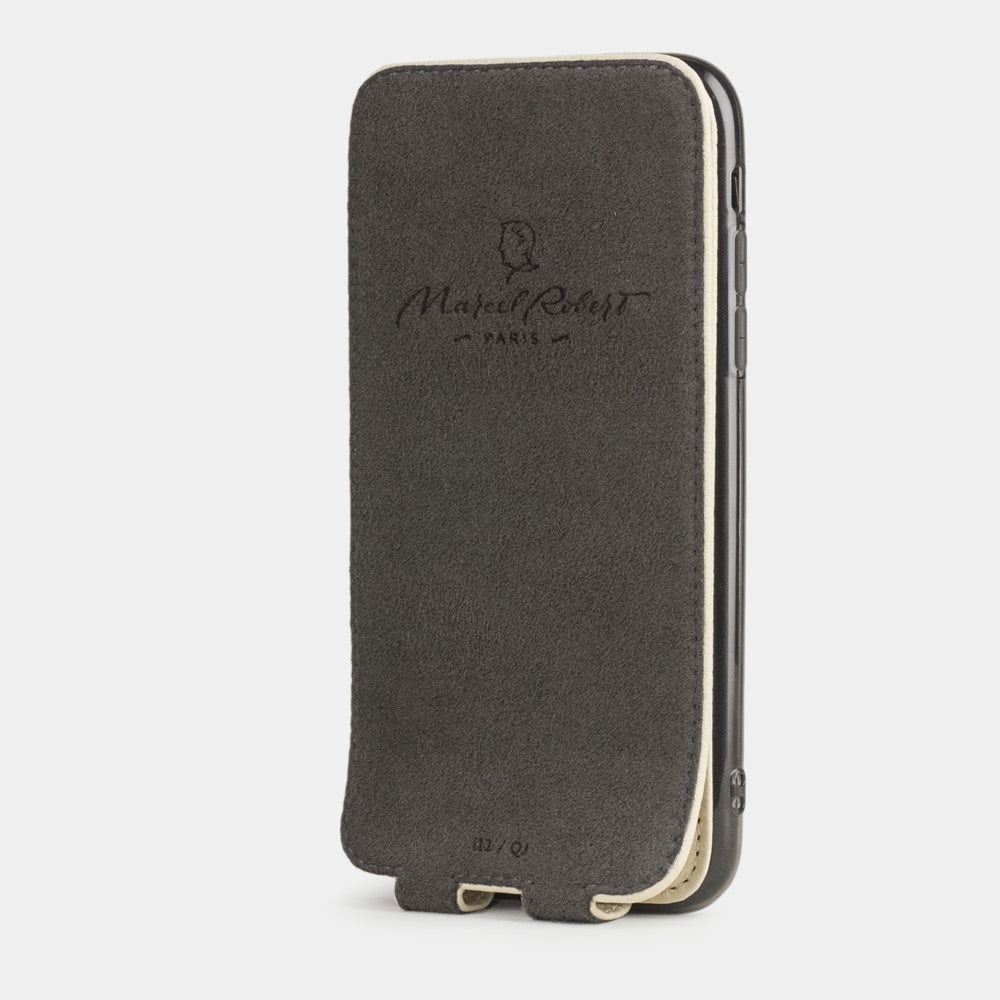 Cream calfskin leather flip case iPhone 11 Pro Max, Marcel Robert handmade magnetic folding cover