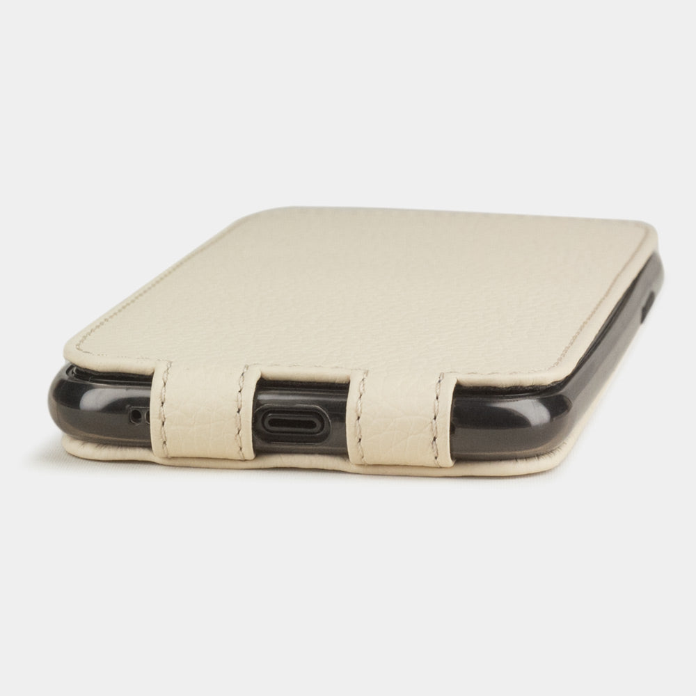 Cream calfskin leather flip case iPhone 11, Marcel Robert handmade magnetic folding cover
