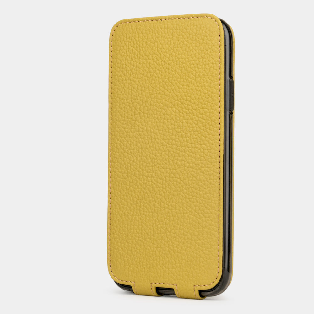 Yellow calfskin leather flip case iPhone 11, Marcel Robert handmade magnetic folding cover