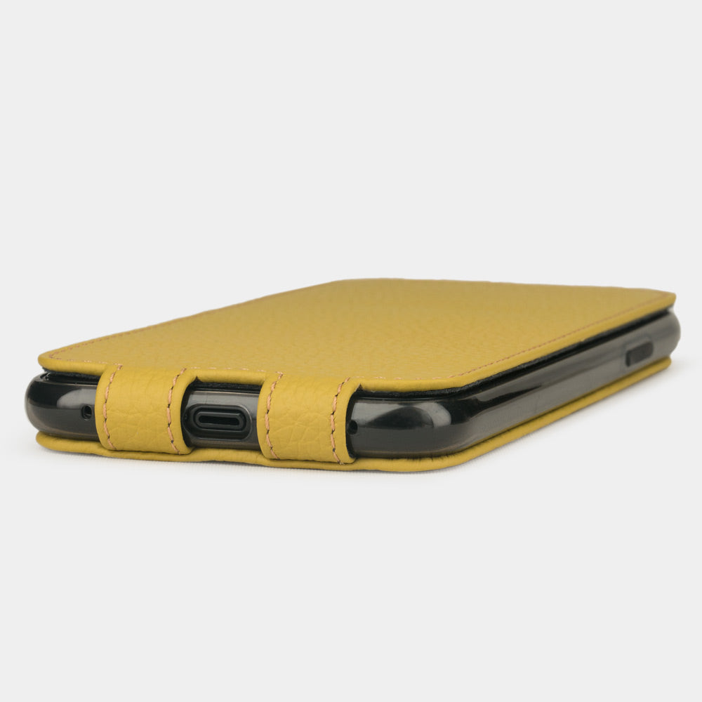Yellow calfskin leather flip case iPhone 11, Marcel Robert handmade magnetic folding cover