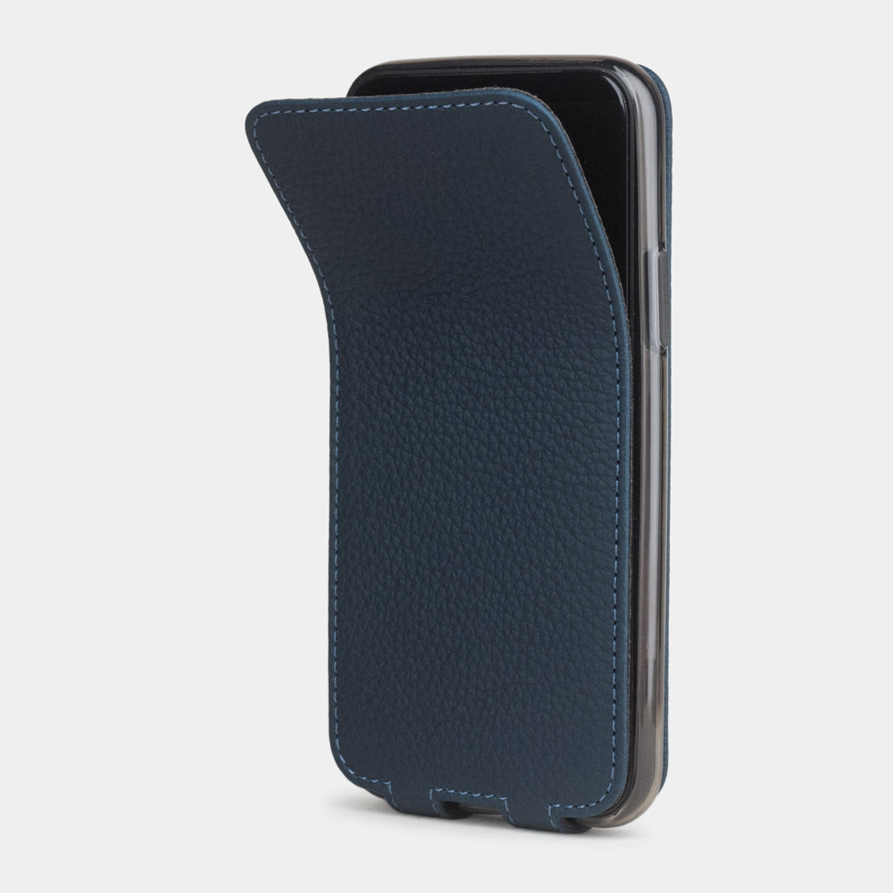 Blue calfskin leather flip case iPhone 11 Pro, Marcel Robert handmade magnetic folding cover