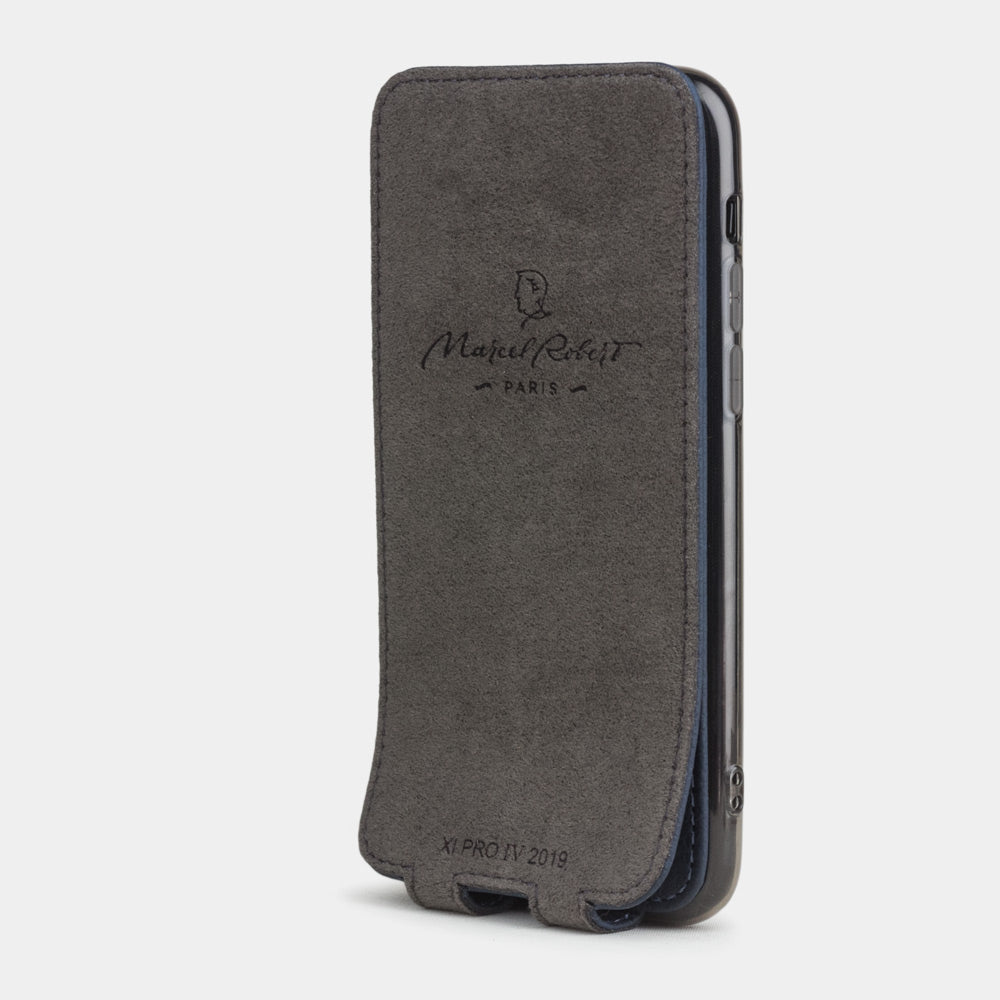 Blue calfskin leather flip case iPhone 11 Pro, Marcel Robert handmade magnetic folding cover