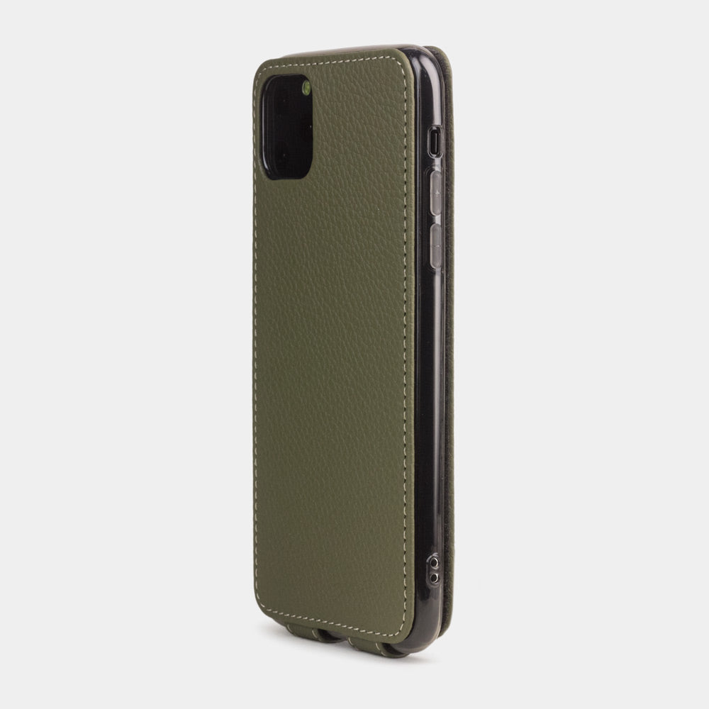 Green calfskin leather flip case iPhone 11 Pro, Marcel Robert handmade magnetic folding cover