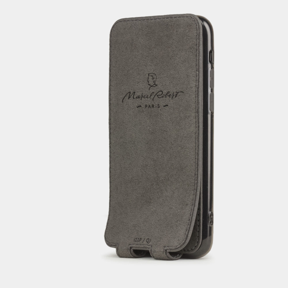 Grey Stone calfskin leather flip case iPhone 11 Pro, Marcel Robert handmade magnetic folding cover