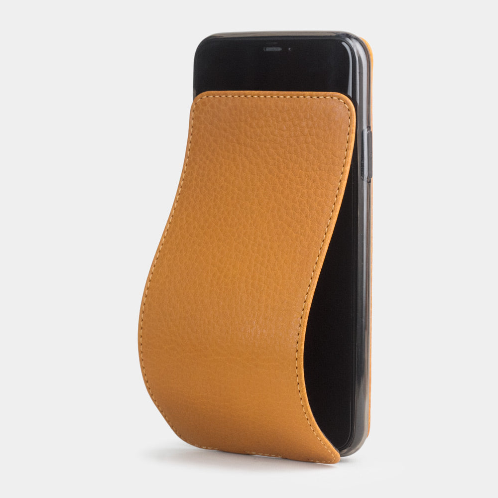 Ochre calfskin leather flip case iPhone 11 Pro Max, Marcel Robert handmade magnetic folding cover