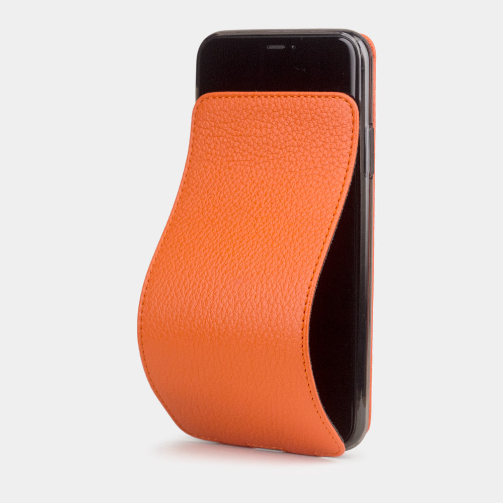 Orange calfskin leather flip case iPhone 11 Pro, Marcel Robert handmade magnetic folding cover