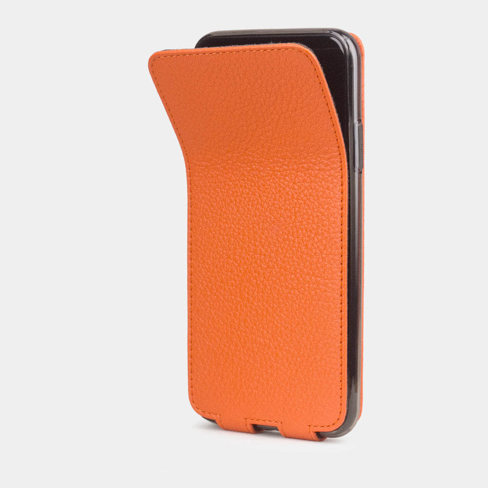 Orange calfskin leather flip case iPhone 11 Pro, Marcel Robert handmade magnetic folding cover
