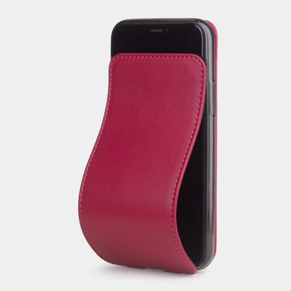 Fuchsia calfskin leather flip case iPhone 11 Pro, Marcel Robert handmade magnetic folding cover