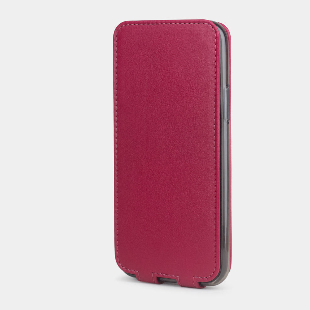 Fuchsia calfskin leather flip case iPhone 11 Pro, Marcel Robert handmade magnetic folding cover