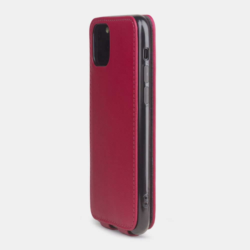 Fuchsia calfskin leather flip case iPhone 11 Pro, Marcel Robert handmade magnetic folding cover