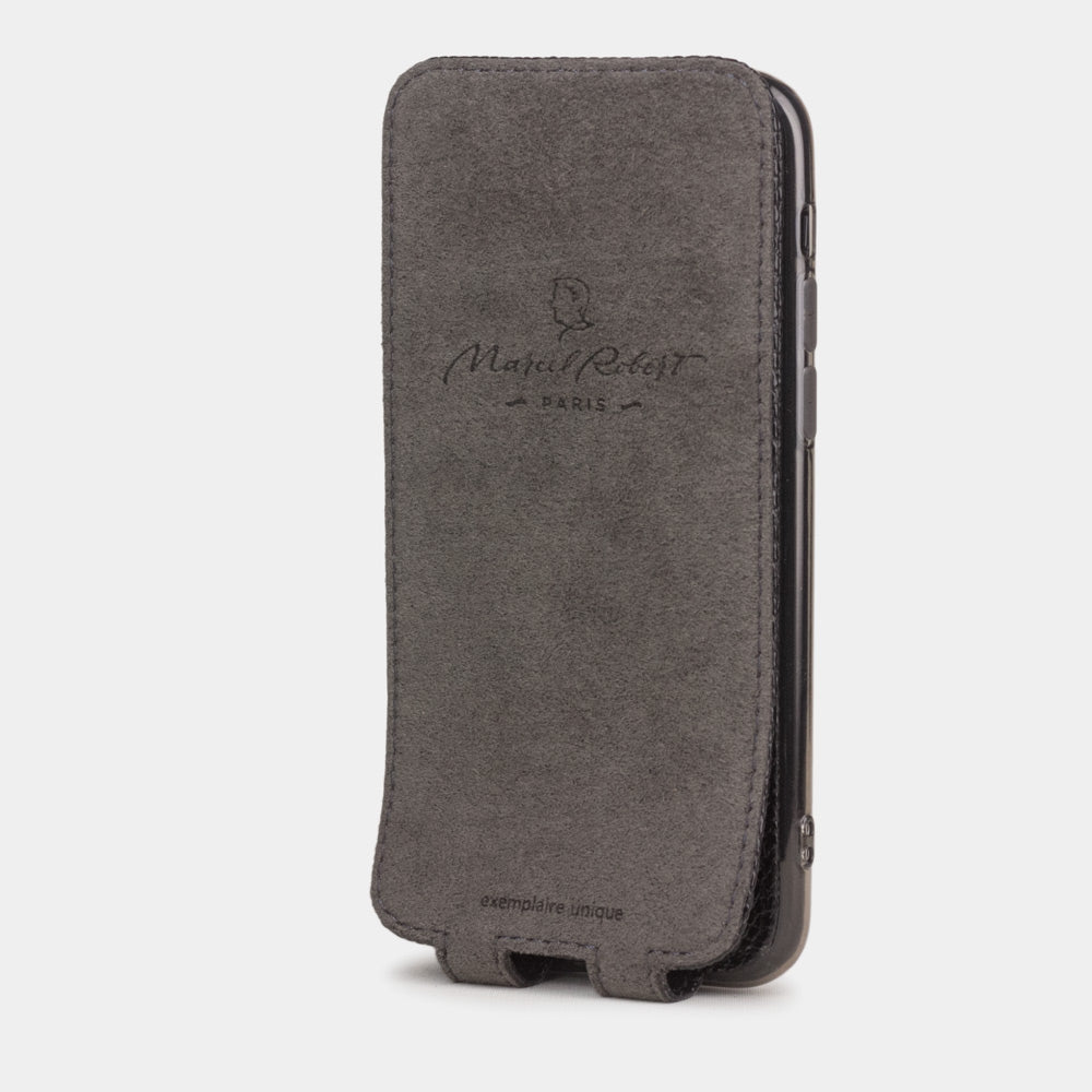 Black lizard leather flip case iPhone 11 Pro, Marcel Robert handmade magnetic folding cover