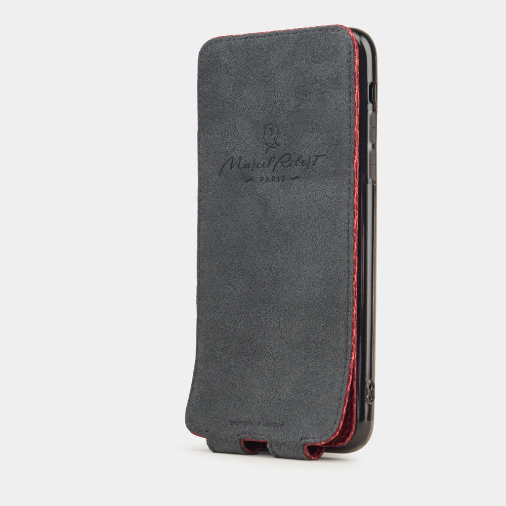 Red lizard leather flip case iPhone 11 Pro, Marcel Robert handmade magnetic folding cover