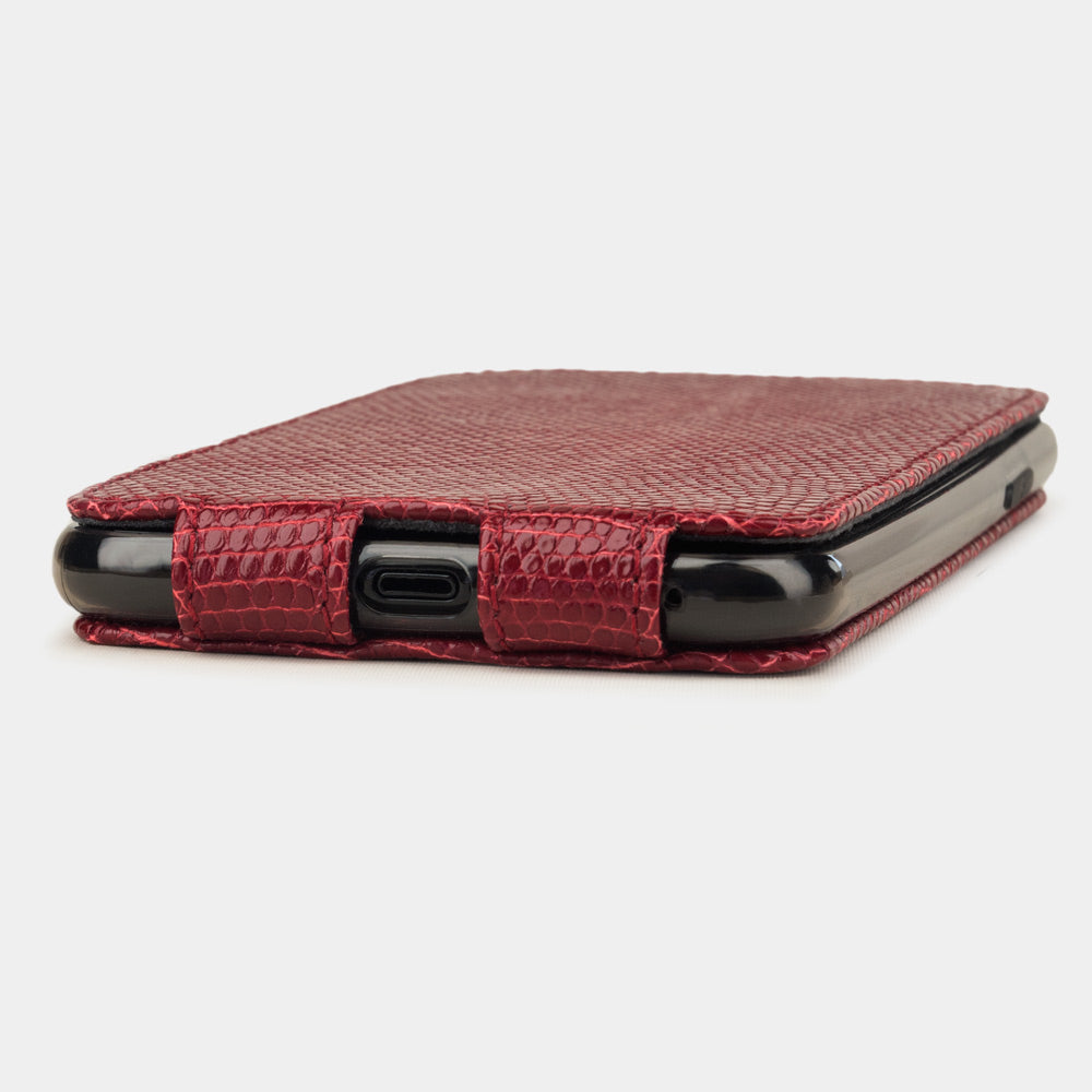 Red lizard leather flip case iPhone 11 Pro, Marcel Robert handmade magnetic folding cover