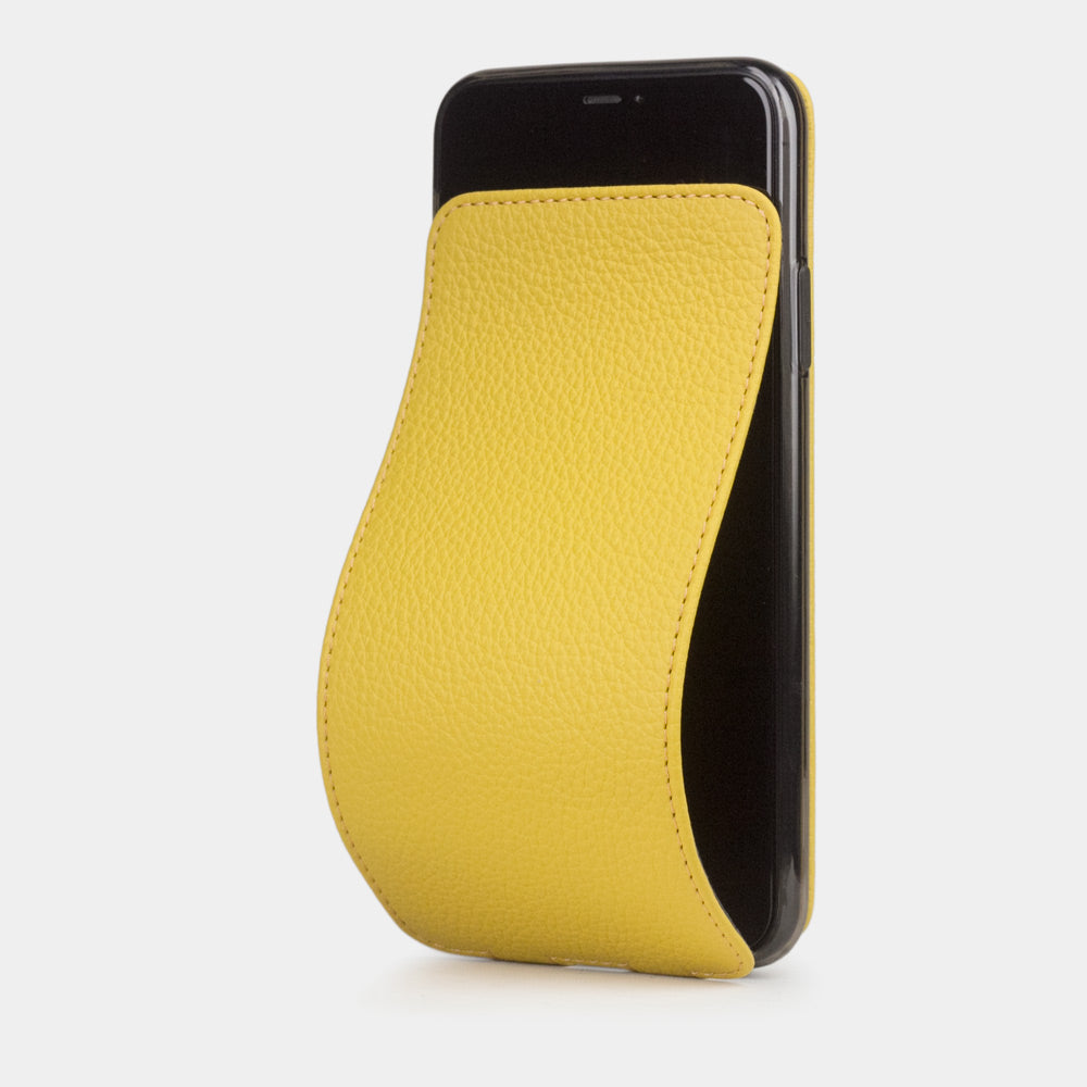 Yellow calfskin leather flip case iPhone 11 Pro, Marcel Robert handmade magnetic folding cover