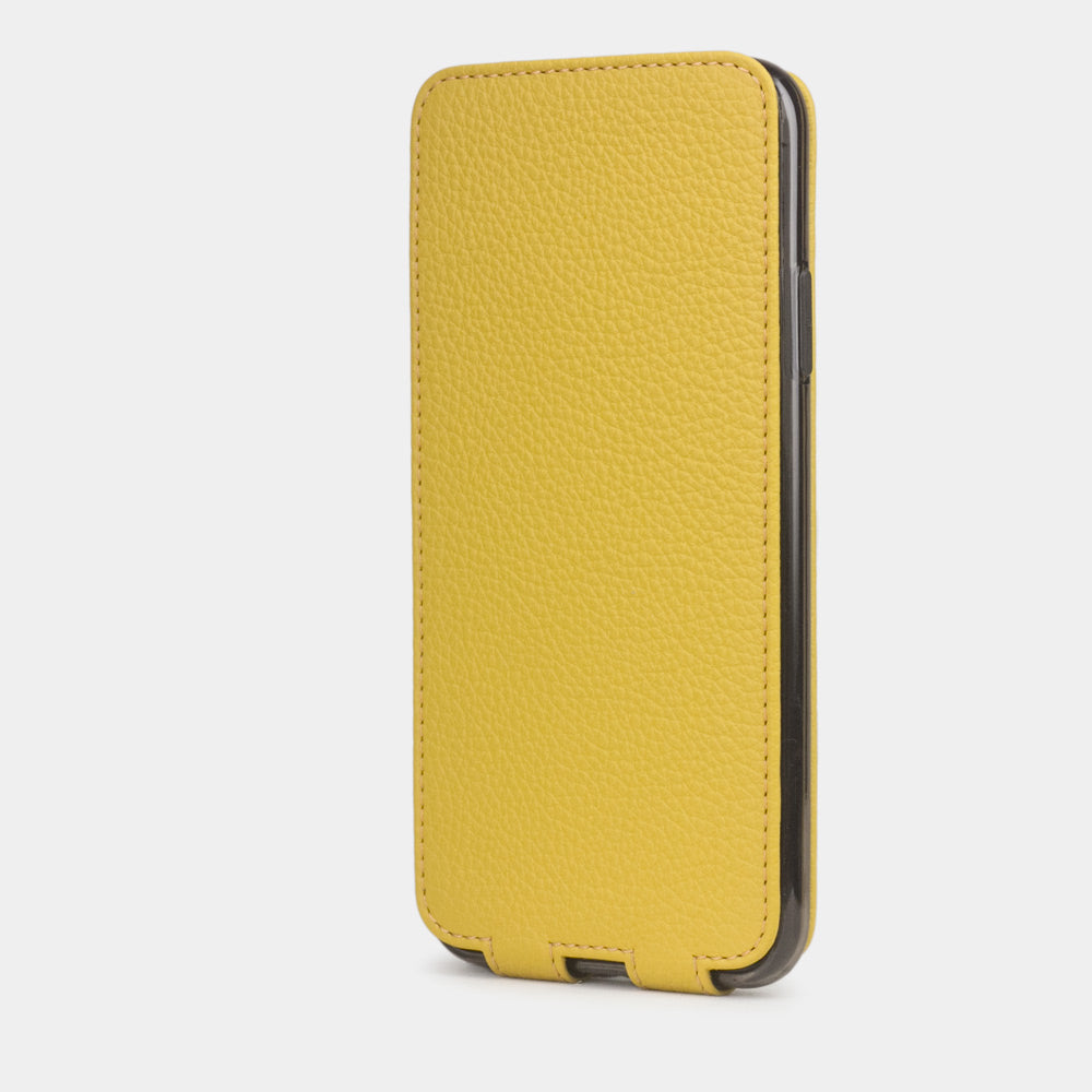 Yellow calfskin leather flip case iPhone 11 Pro, Marcel Robert handmade magnetic folding cover