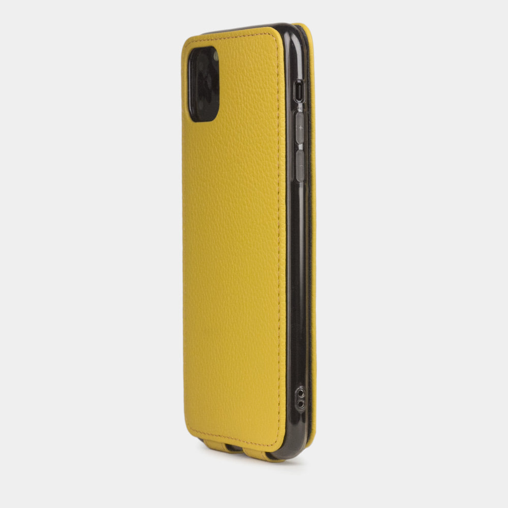 Yellow calfskin leather flip case iPhone 11 Pro, Marcel Robert handmade magnetic folding cover