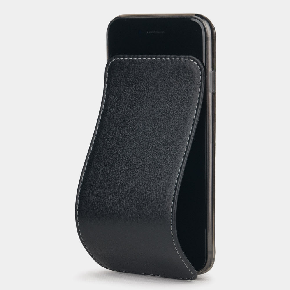 Black leather flip case for iPhone SE - luxury handmade phone case in genuine leather with magnetic front cover partially open