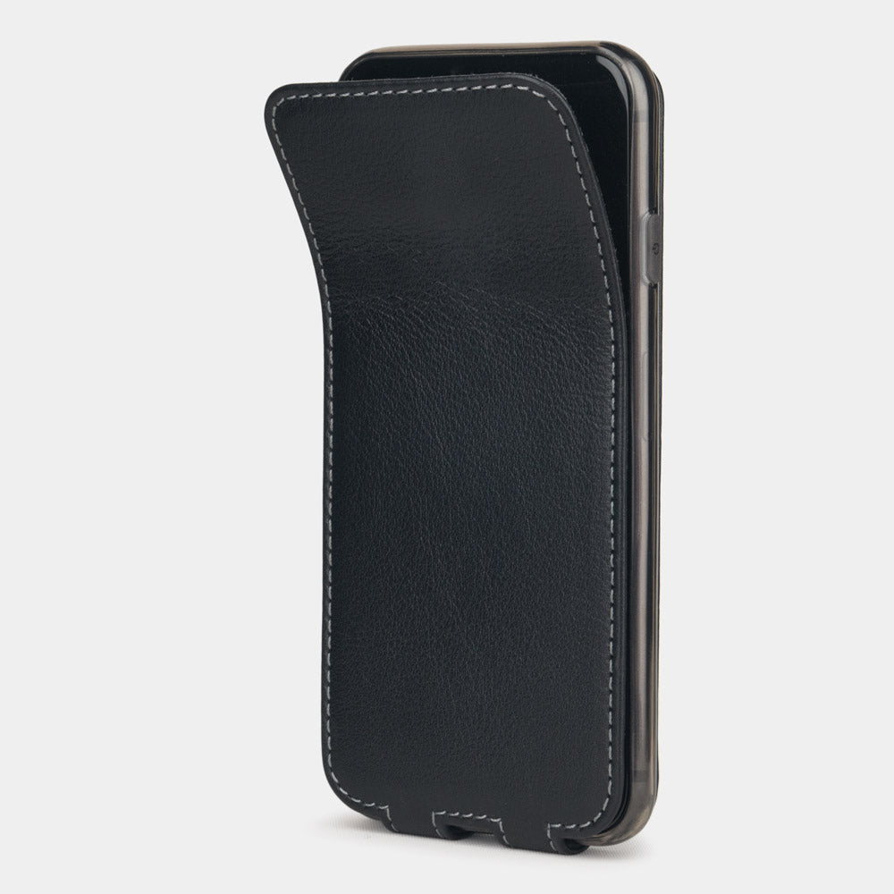 Black leather flip case for iPhone SE - flexible front cover folding back to protect the smartphone screen