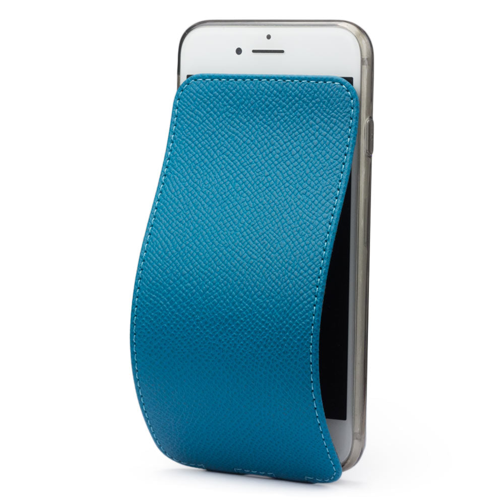 Aquamarine leather flip case for iPhone SE - luxury handmade phone case in genuine leather with magnetic front cover partially open