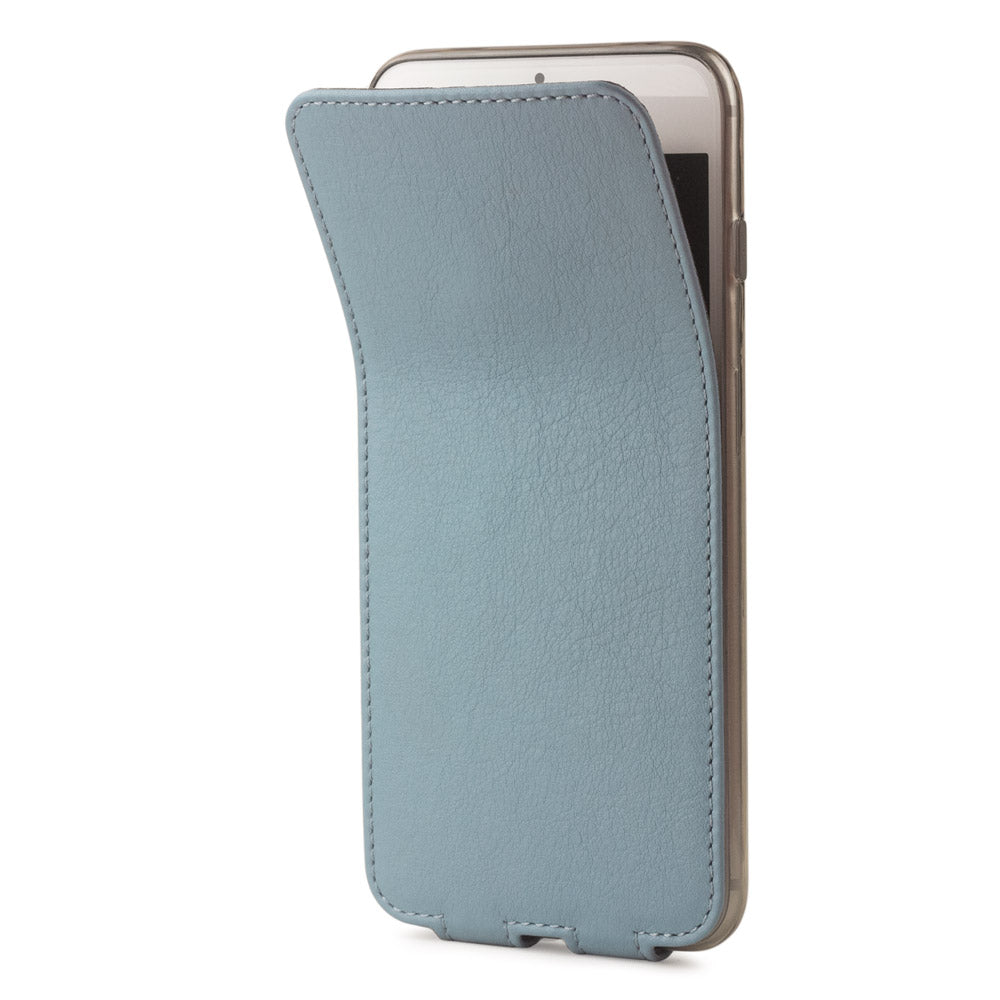 Blue Grey leather flip case for iPhone SE - flexible front cover folding back to protect the smartphone screen