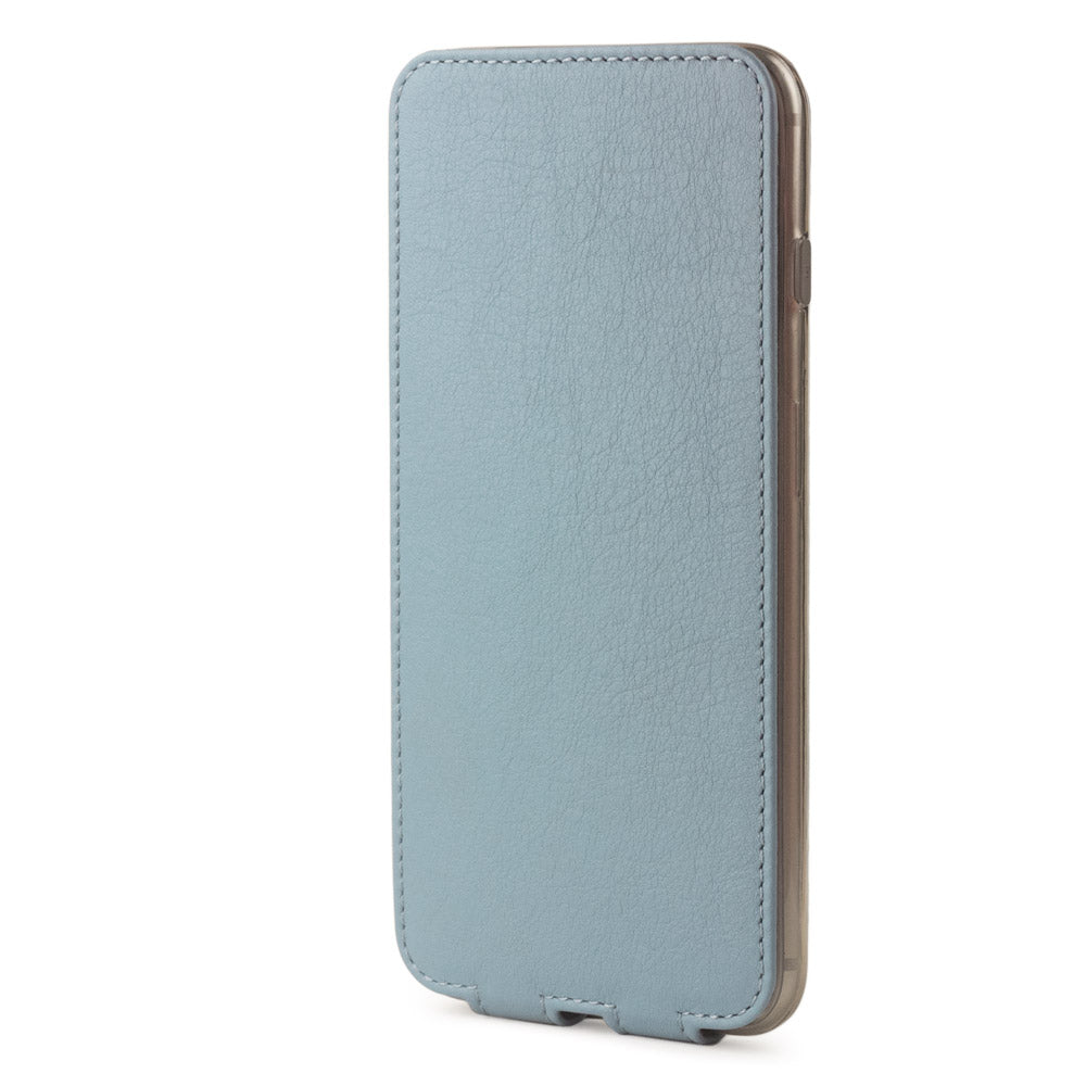 Blue Grey leather flip case for iPhone SE - upright closed view highlighting the magnetic front cover fully protecting the screen, elegant silhouette