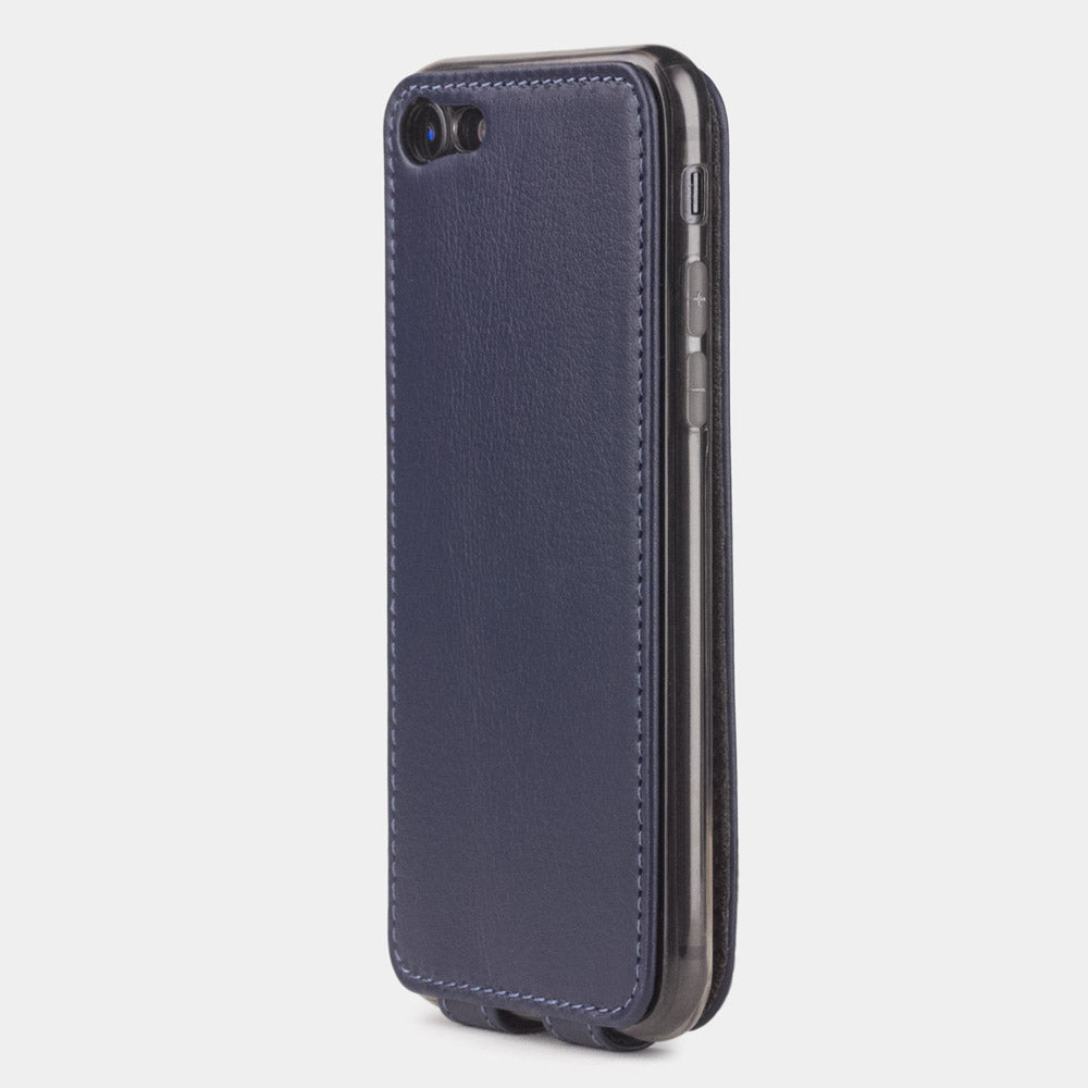 Indigo Blue leather flip case for iPhone SE - view from camera side and how the lenses are efficiently protected