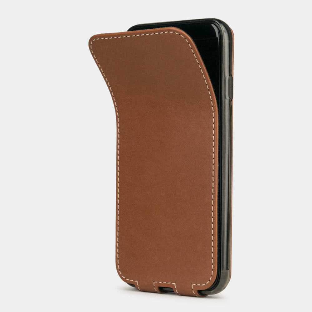 Gold leather flip case for iPhone SE - flexible front cover folding back to protect the smartphone screen