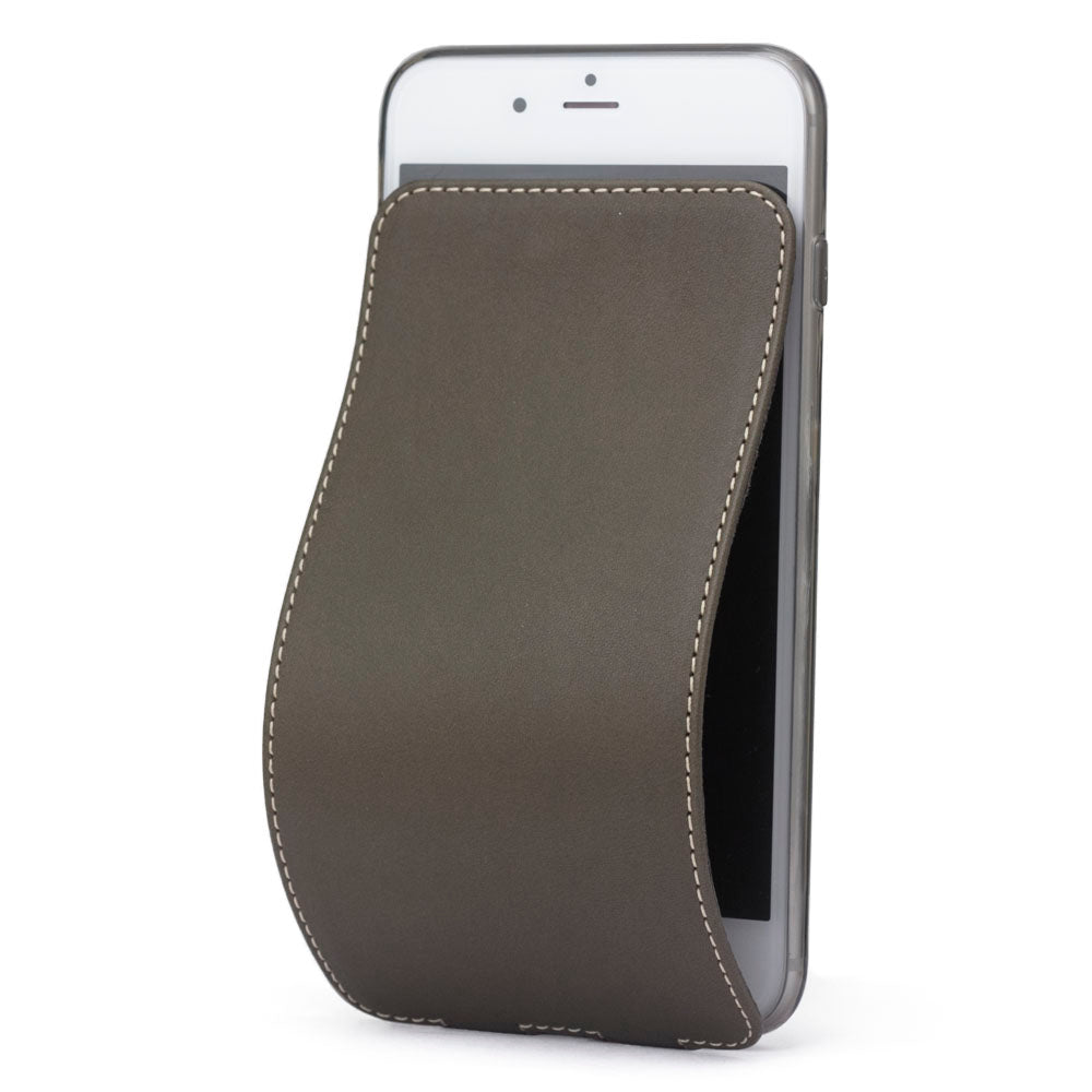 Khaki leather flip case for iPhone SE - luxury handmade phone case in genuine leather with magnetic front cover partially open