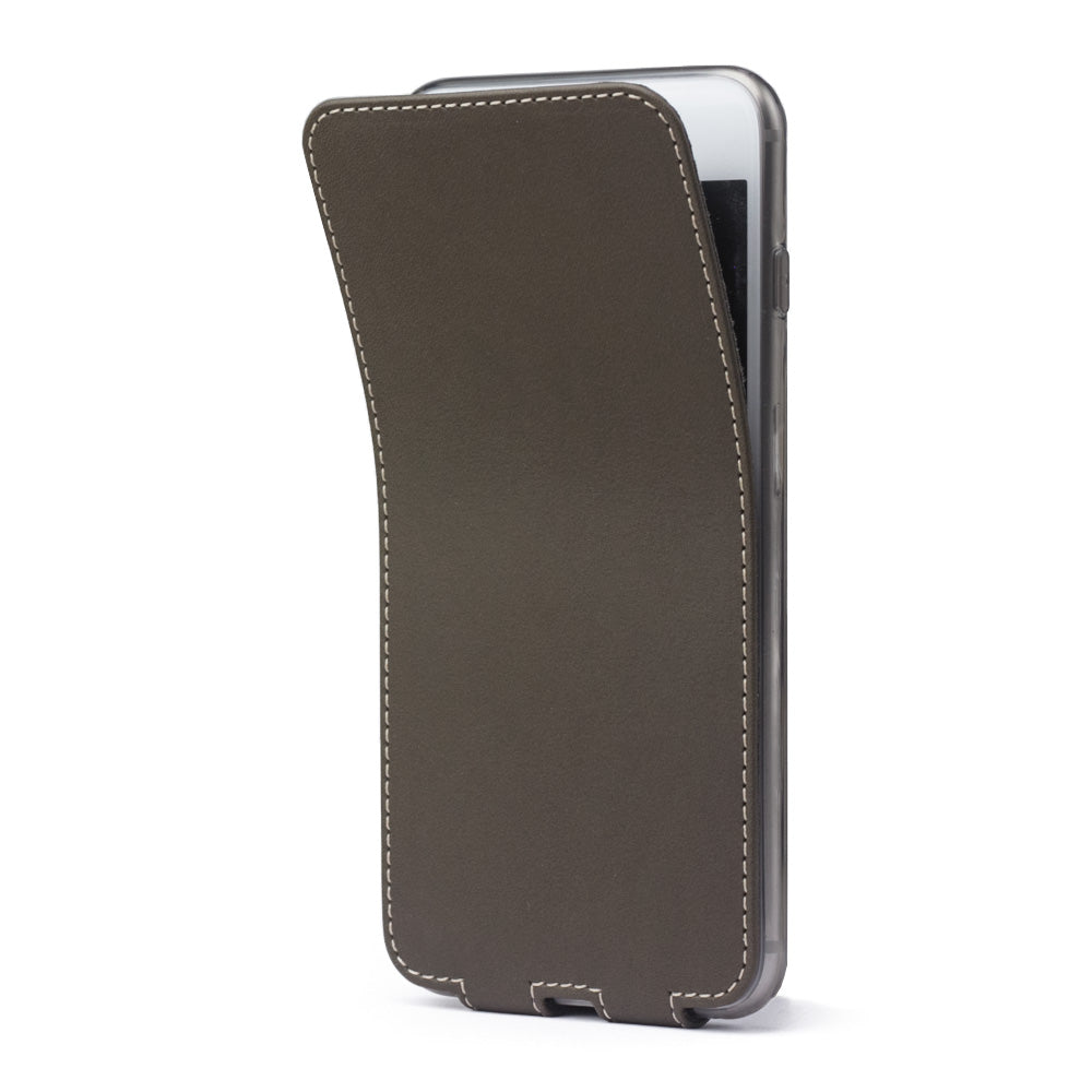 Khaki leather flip case for iPhone SE - flexible front cover folding back to protect the smartphone screen