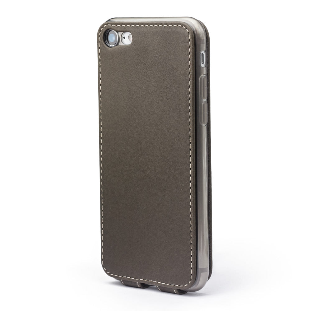 Khaki leather flip case for iPhone SE - view from camera side and how the lenses are efficiently protected