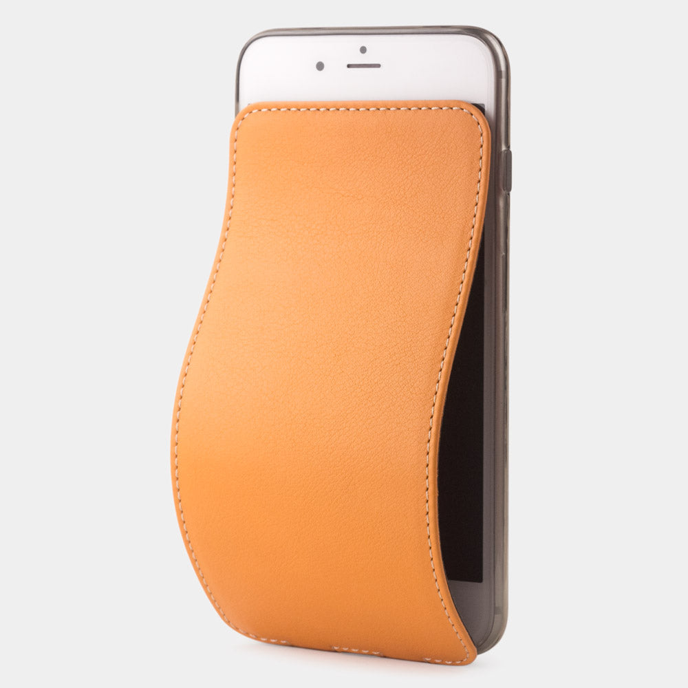 Ocker leather flip case for iPhone SE - luxury handmade phone case in genuine leather with magnetic front cover partially open