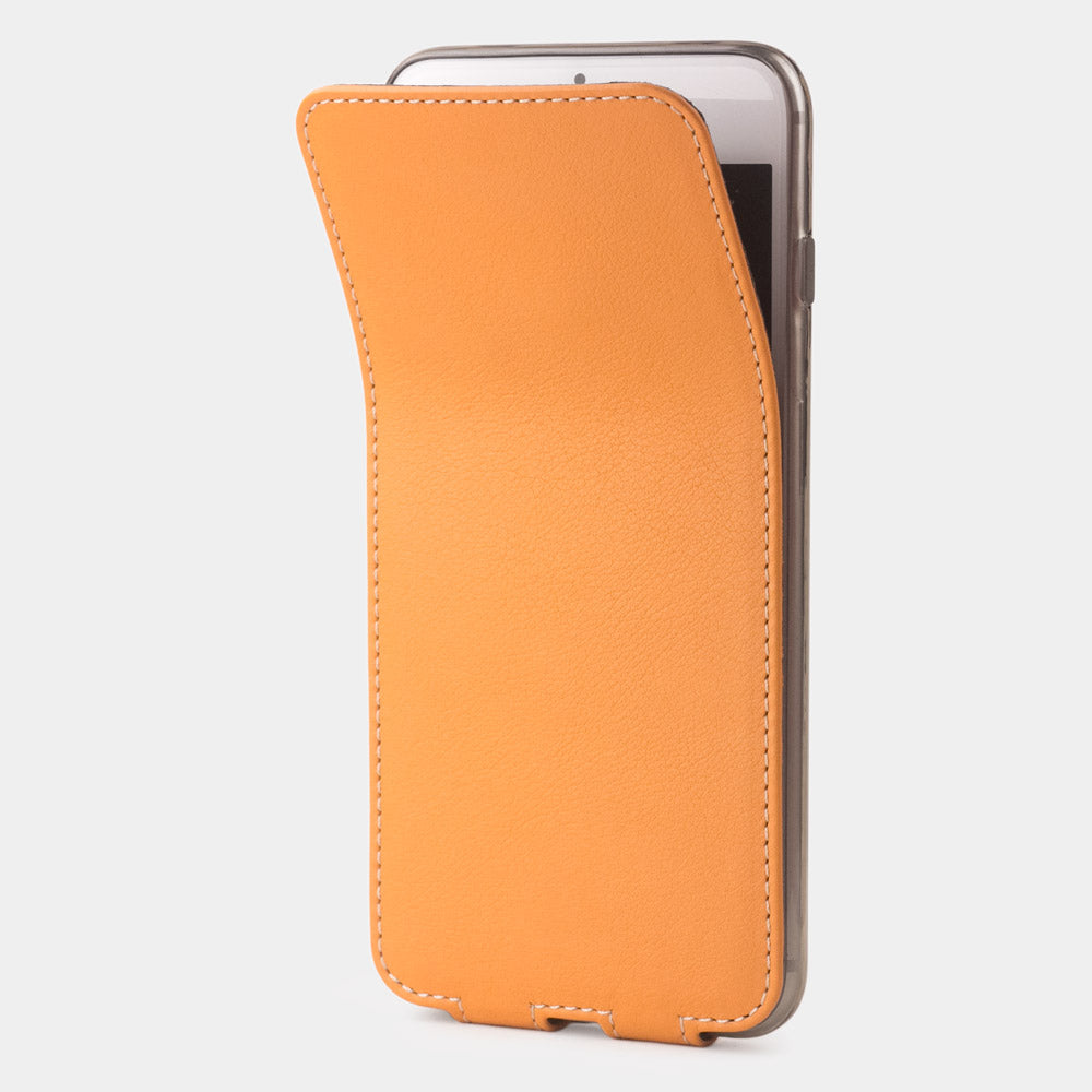 Ocker leather flip case for iPhone SE - flexible front cover folding back to protect the smartphone screen