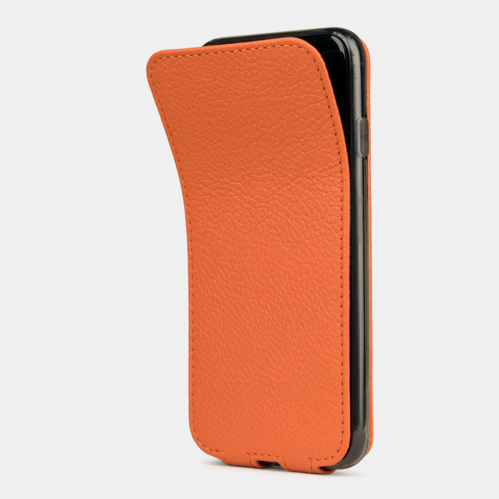 Orange leather flip case for iPhone SE - flexible front cover folding back to protect the smartphone screen