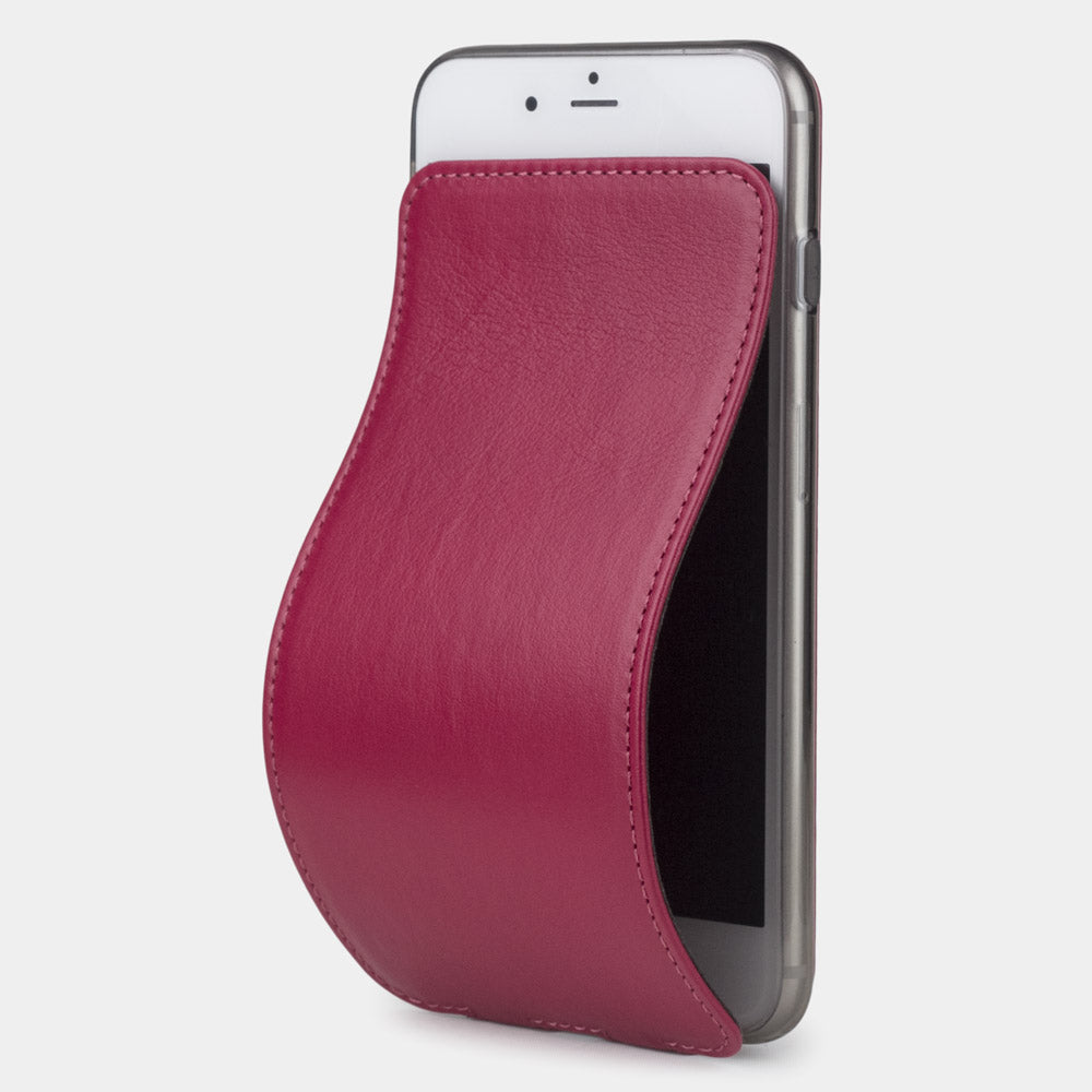 Fuchsia leather flip case for iPhone SE - luxury handmade phone case in genuine leather with magnetic front cover partially open