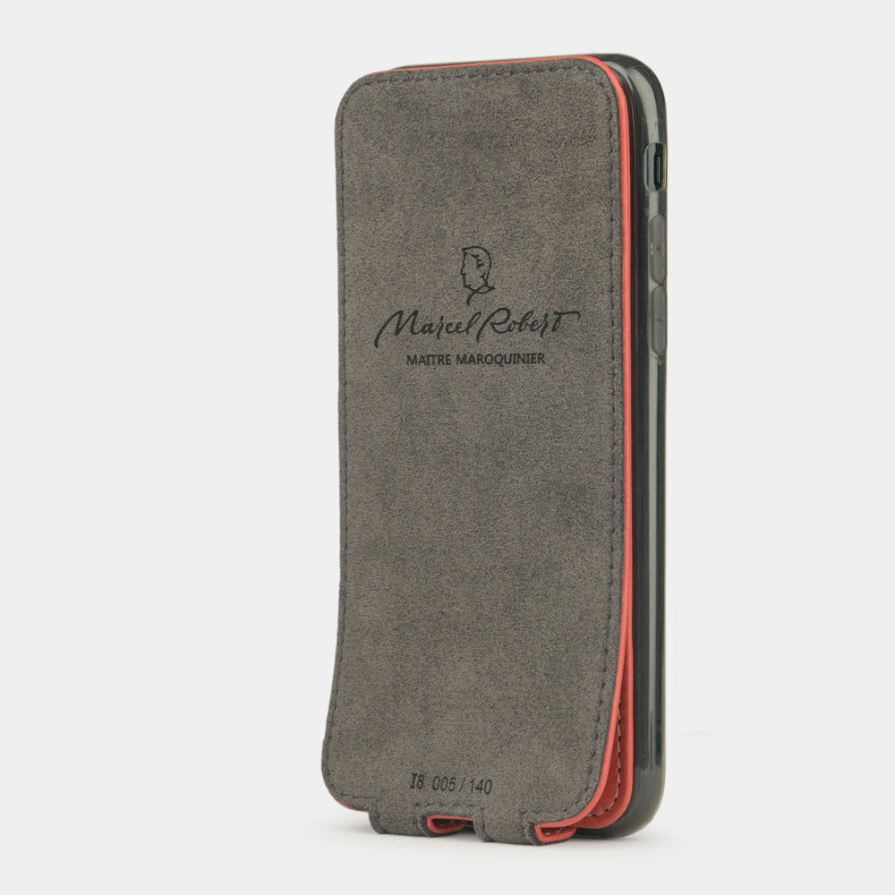Red Coral leather flip case for iPhone SE - interior view showing grey Alcantara lining with magnetic closure, designed to clean and protect the screen