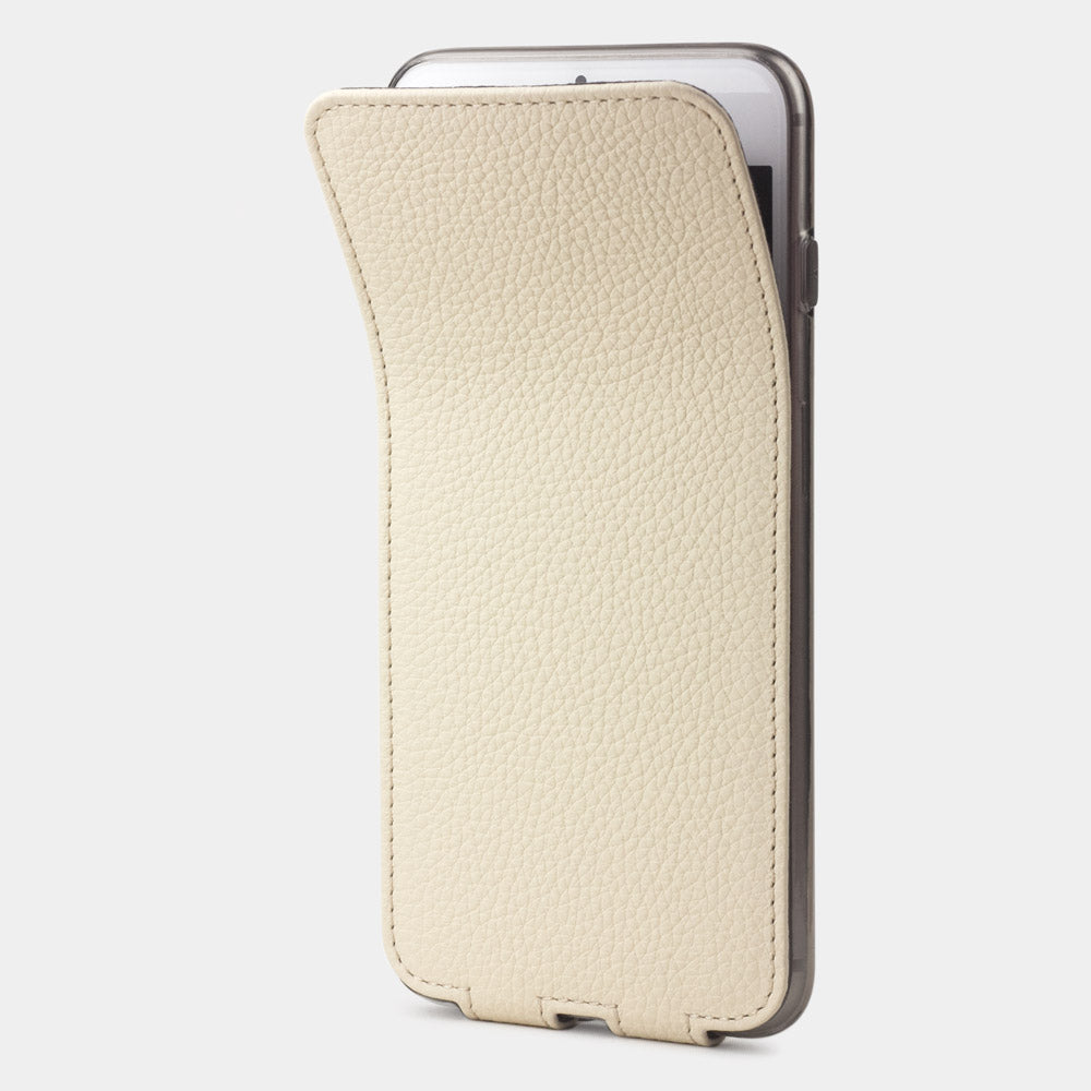 Cream leather flip case for iPhone SE - flexible front cover folding back to protect the smartphone screen